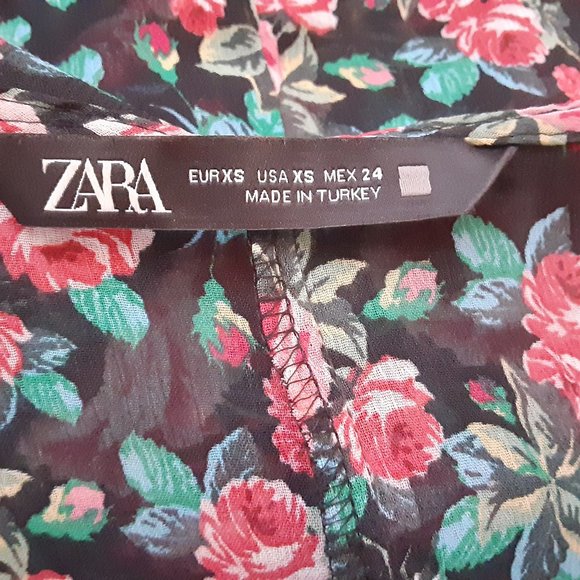 Zara Dark Floral Rose Front Lace Up Corset Top Chiffon Billowing Long Sleeves - Picture 11 of 11